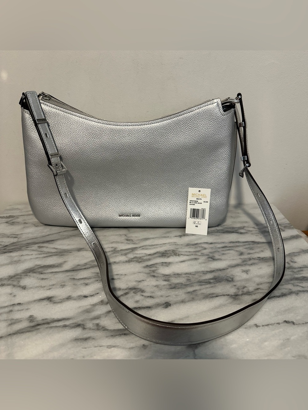Michael Kors Nolita Metallic Silver Pebble Leather Shoulder Hobo NWT